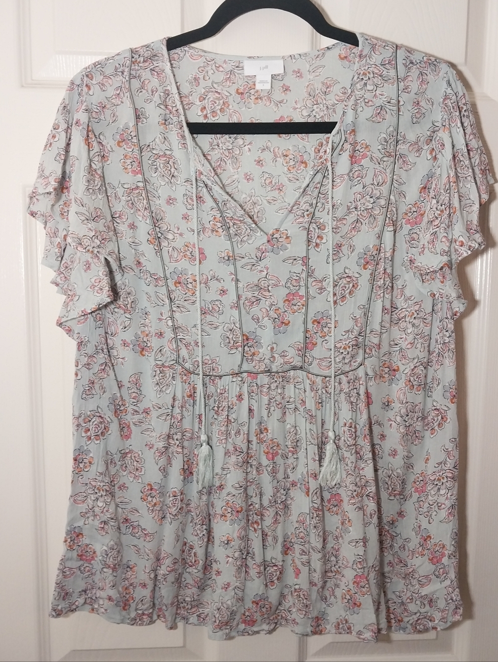 J. Jill Light Blue Floral Peasant Blouse with Pink and Orange Accents Size S
